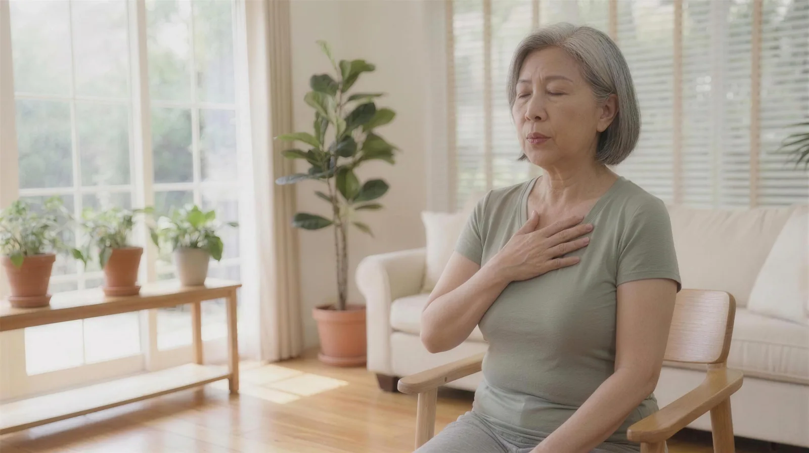 An instructor shows pursed-lip breathing: lips gently pursed, shoulders relaxed, in the correct exhale position